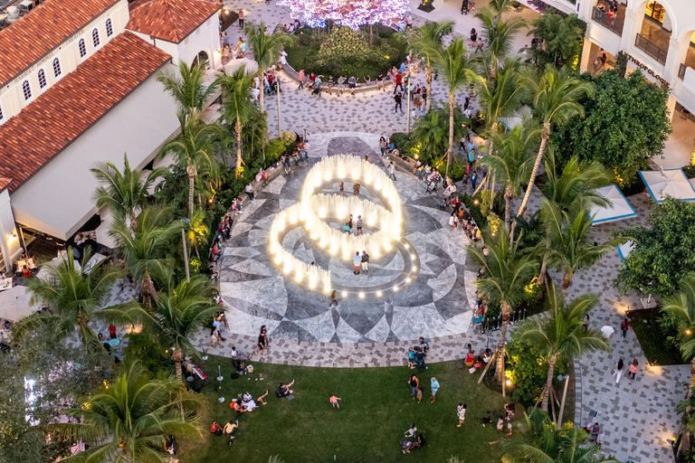 drone photo of lawn and fountain
